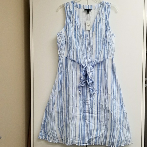 blue and white vertical striped dress